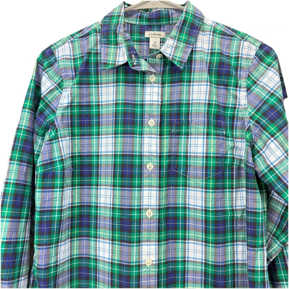 LL Bean Green Blue‎ Plaid Cotton Poplin Button Up Shirt Size XS
